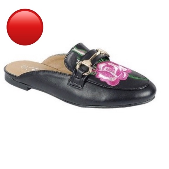 Shoes - Floral rose embroidered mules black pink gold